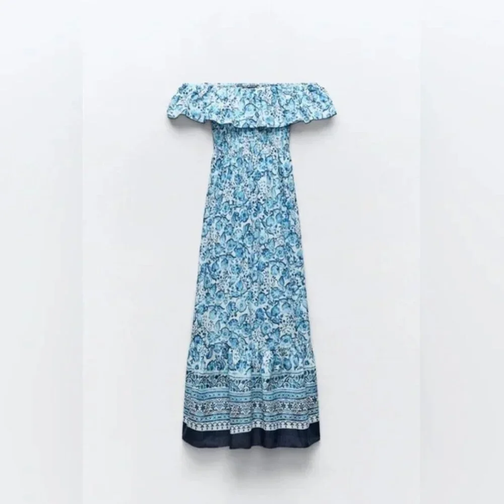Zara Floral Print Off The Shoulder Dress XS - Picture 5 of 7